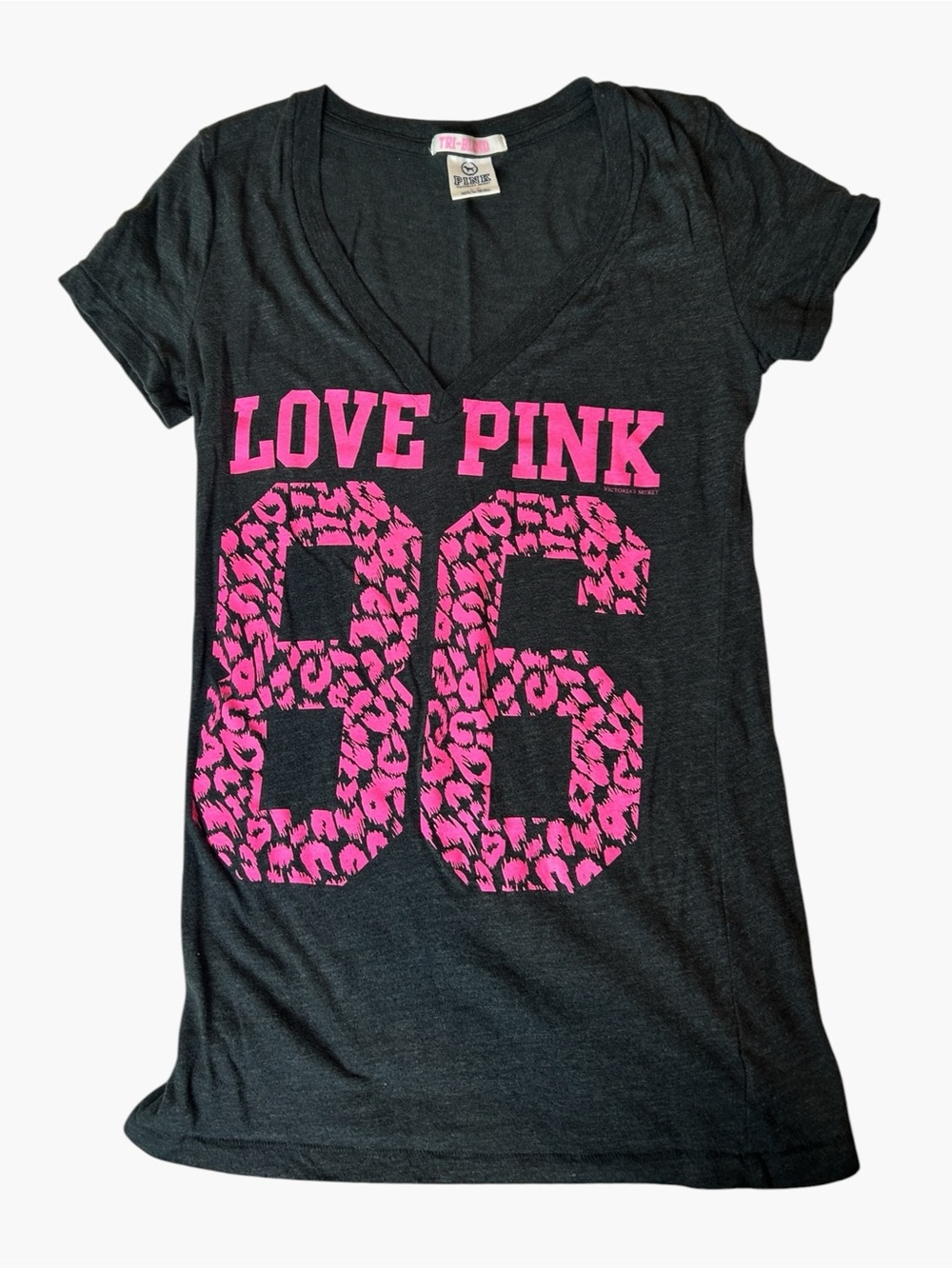 Victoria’s Secret PINK Leopard Print 86 Graphic Tee Small Charcoal Gray Vintage